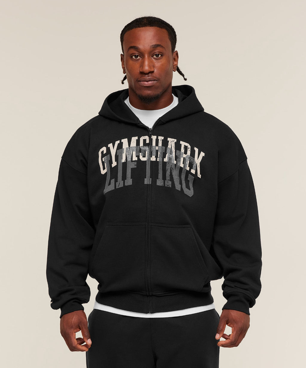 Layered Graphic Zip Up Hoodie Black