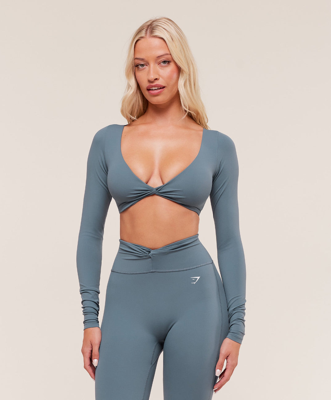Twist Front Long Sleeve Crop Top Iron Blue