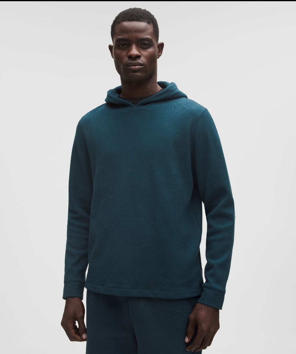 Cotton-Blend Waffle Knit Hoodie Indochine Blue