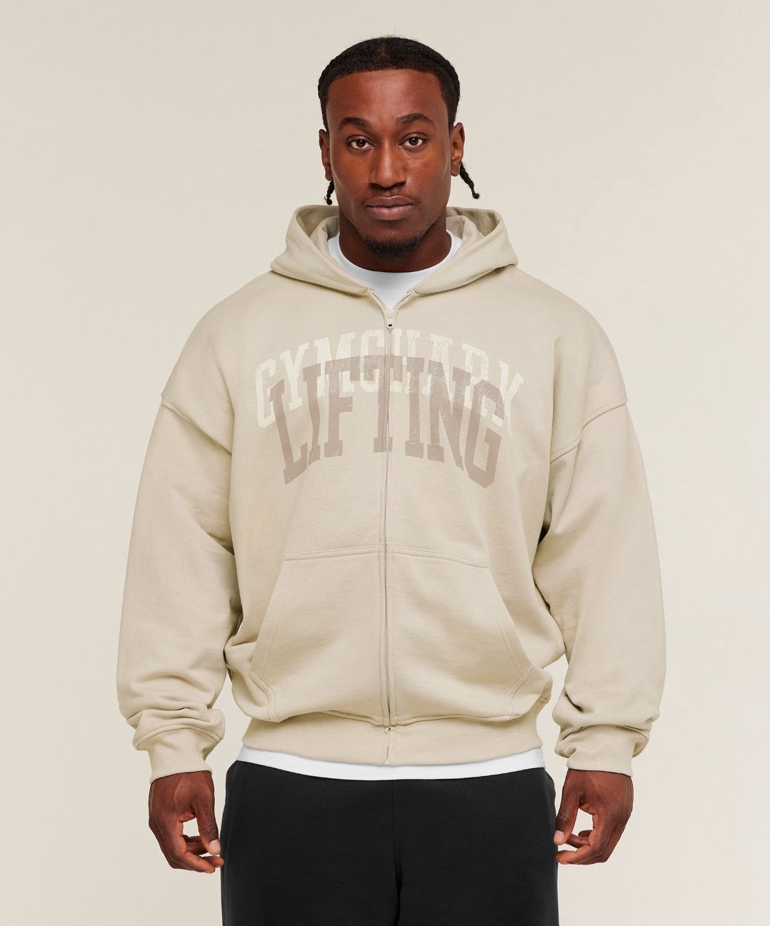 Layered Graphic Zip Up Hoodie Cream