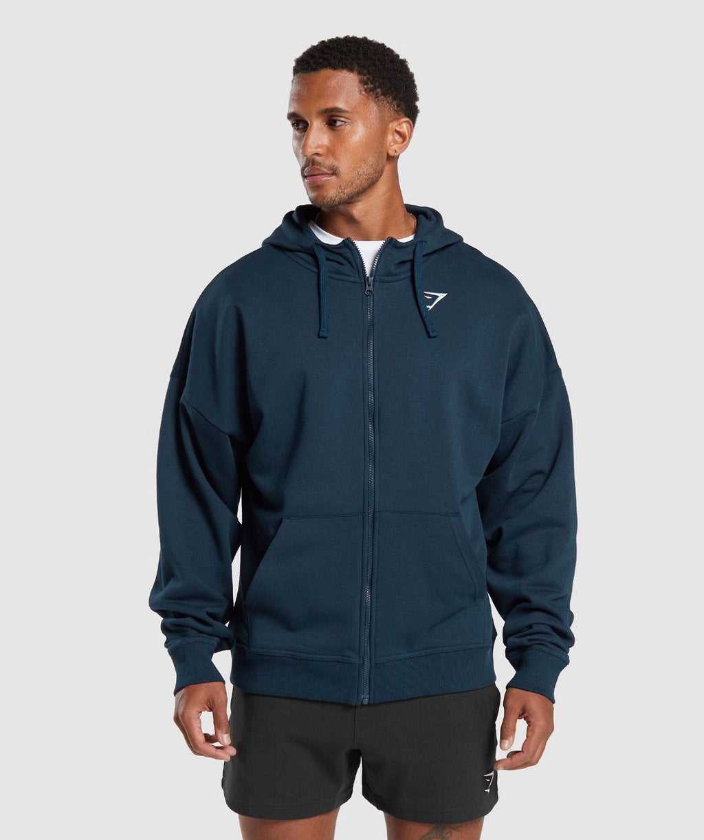 Crest Oversized Zip Up Hoodie Navy Blue